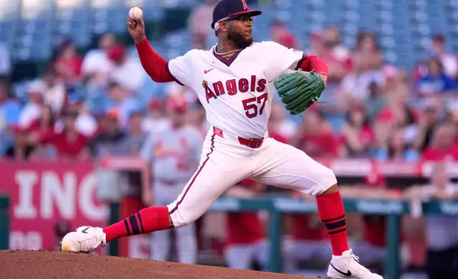 Los Angeles Angels pitcher Walbert Ureña throws to the plate during the first inning of a baseball game against the St. Louis Cardinals, Tuesday, July 21, 2026, in Anaheim, Calif. (AP Photo/Mark J. Terrill)