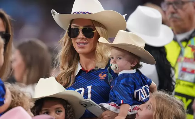 Victoria Triay, partner of France's Lucas Hernandez in the stands prior to a World Cup semifinal soccer match between France and Spain in Arlington, Texas, near Dallas, Tuesday, July 14, 2026. (AP Photo/Julio Cortez)