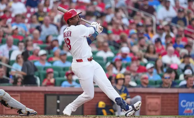 St. Louis Cardinals' Jordan Walker follows through on an RBI double during the first inning of a baseball game against the Milwaukee Brewers Wednesday, July 8, 2026, in St. Louis. (AP Photo/Jeff Roberson)