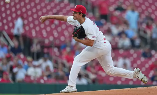 St. Louis Cardinals starting pitcher Michael McGreevy throws during the first inning of a baseball game against the Milwaukee Brewers Wednesday, July 8, 2026, in St. Louis. (AP Photo/Jeff Roberson)
