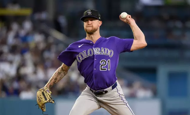 Colorado Rockies starting pitcher Kyle Freeland delivers during the third inning of a baseball game against the Los Angeles Dodgers in Los Angeles, Monday, July 6, 2026. (AP Photo/Kyusung Gong)
