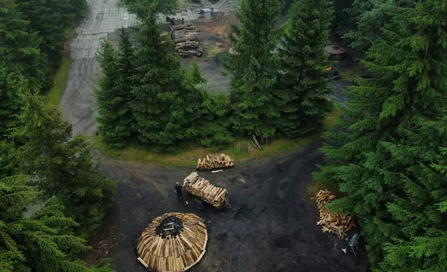 Immo Feldmer works at a wood pile at his family-run, traditional charcoal production site near Hasselfelde in Germany's Harz forest, Monday, June 29, 2026. (AP Photo/Matthias Schrader)