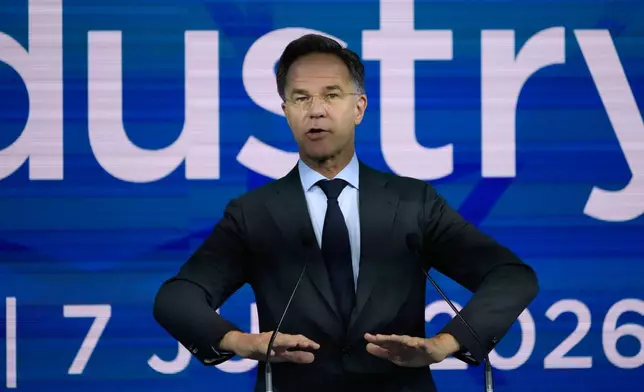 NATO Secretary General Mark Rutte speaks during the opening of the NATO Defense Industry Forum on the sidelines of the NATO summit in Ankara, Turkey, Tuesday, July 7, 2026. (AP Photo/Hussein Malla)