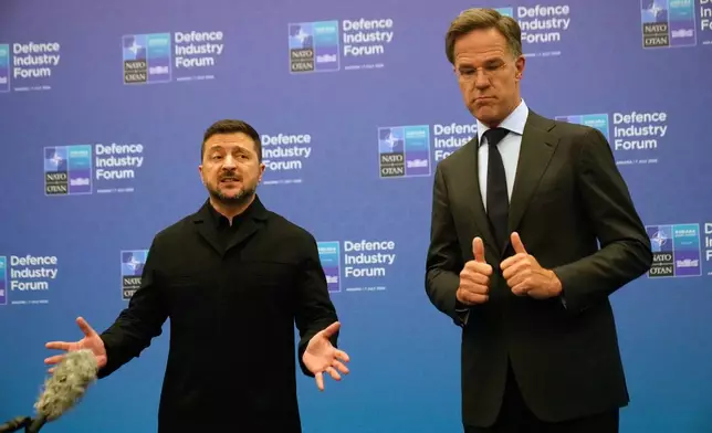 NATO Secretary General Mark Rutte, right, and Ukraine's President Volodymyr Zelenskyy address the media on the sidelines of the NATO summit in Ankara, Turkey, Tuesday, July 7, 2026. (AP Photo/Hussein Malla)