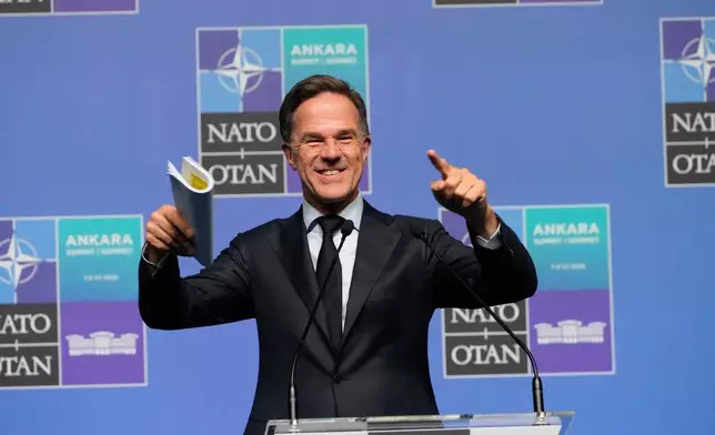NATO Secretary General Mark Rutte speaks during a media conference at the International Media Center ahead of the NATO Summit in Ankara, Turkey, Monday, July 6, 2026. (AP Photo/Hussein Malla)