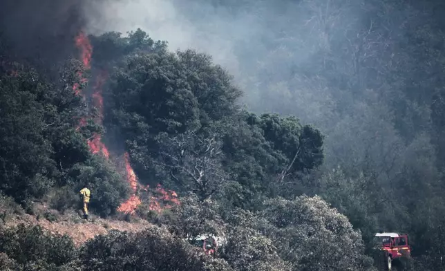 Firefighters work on a wildfire near Ille-sur-Têt, southern France, Monday, July 6, 2026. (AP Photo/Thibault Camus)