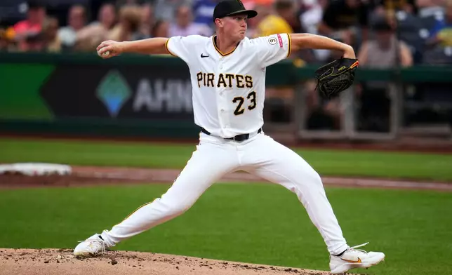 Pittsburgh Pirates pitcher Mitch Keller delivers during the first inning of a baseball game against the Arizona Diamondbacks in Pittsburgh, Monday, July 27, 2026. (AP Photo/Gene J. Puskar)