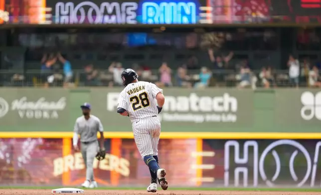 Milwaukee Brewers' Andrew Vaughn (28) rounds the bases after hitting a solo home run during the sixth inning of a baseball game against the Colorado Rockies, Sunday, July 26, 2026, in Milwaukee. (AP Photo/Aaron Gash)
