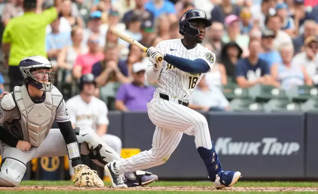 Milwaukee Brewers' Luis Lara hits an RBI double during the sixth inning of a baseball game against the Colorado Rockies, Sunday, July 26, 2026, in Milwaukee. (AP Photo/Aaron Gash)