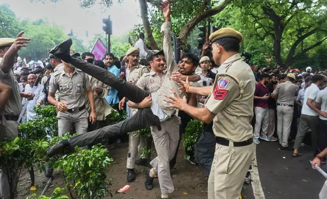 Police detains a supporter of the Cockroach Janta Party while he with others attempt to march toward India's Parliament, demanding the resignation of the education minister, in New Delhi, Monday, July 20, 2026. (AP Photo/Vipin)