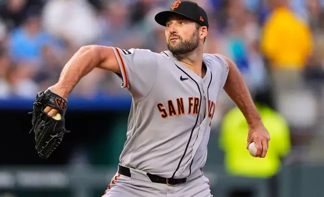 San Francisco Giants pitcher Sam Hentges throws during the sixth inning of a baseball game against the Kansas City Royals, Tuesday, July 21, 2026, in Kansas City, Mo. (AP Photo/Charlie Riedel)