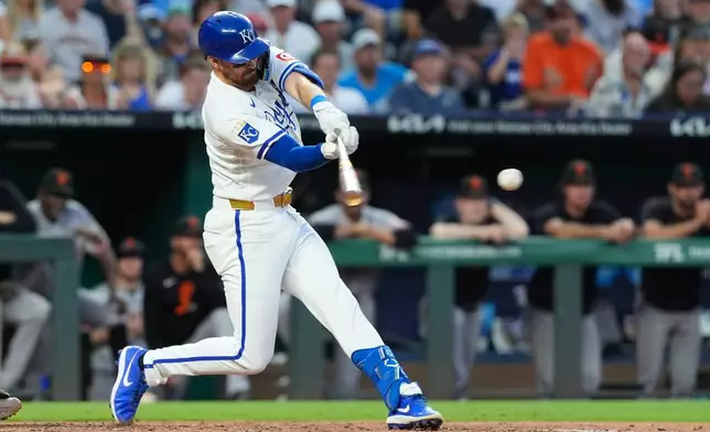 Kansas City Royals' Nick Loftin hits an RBI single during the sixth inning of a baseball game against the San Francisco Giants Tuesday, July 21, 2026, in Kansas City, Mo. (AP Photo/Charlie Riedel)