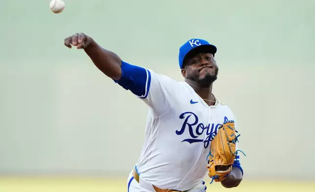 Kansas City Royals starting pitcher Luinder Avila throws during the first inning of a baseball game against the San Francisco Giants, Tuesday, July 21, 2026, in Kansas City, Mo. (AP Photo/Charlie Riedel)