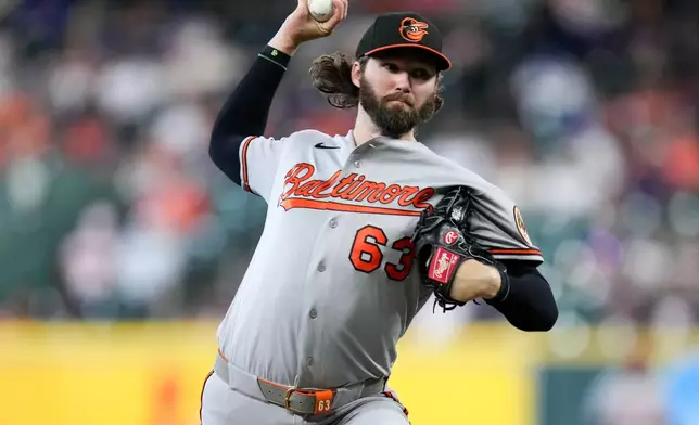 Baltimore Orioles starting pitcher Brandon Young throws to the Houston Astros during the first inning of a baseball game Sunday, July 19, 2026, in Houston. (AP Photo/Eric Christian Smith)