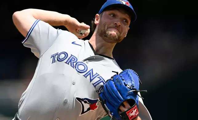 Toronto Blue Jays starting pitcher Trey Yesavage throws during the first inning of a baseball game against the Washington Nationals, Wednesday, July 29, 2026, in Washington. (AP Photo/John McDonnell)