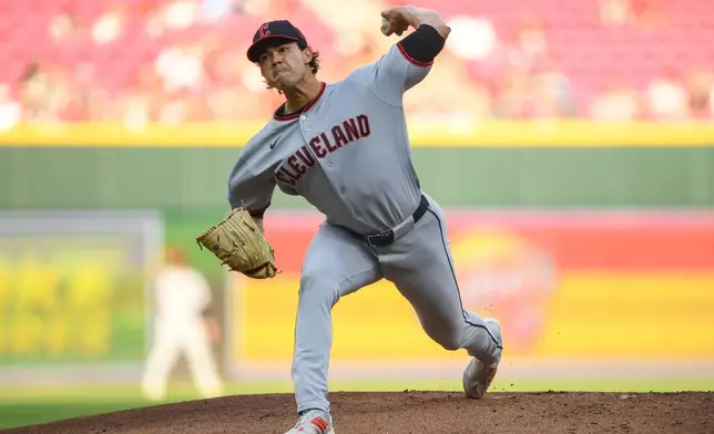 Cleveland Guardians' Joey Cantillo pitches during the first inning of a baseball game against the Cincinnati Reds in Cincinnati, Wednesday, July 29, 2026. (AP Photo/Tanner Pearson)