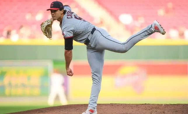 Cleveland Guardians' Joey Cantillo pitches during the first inning of a baseball game against the Cincinnati Reds in Cincinnati, Wednesday, July 29, 2026. (AP Photo/Tanner Pearson)