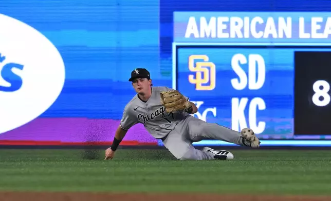 Chicago White Sox left fielder Sam Antonacci catches a fly ball off the bat of Toronto Blue Jays' Luis Urias during the second inning of a baseball game in Toronto, Friday, July 17, 2026. (Jon Blacker/The Canadian Press via AP)