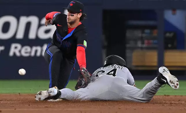 Chicago White Sox' Braden Montgomery (24) slides safely into second with a stolen base ahead of a tag by Toronto Blue Jays infielder Ernie Clement (22) during the second inning of a baseball game in Toronto on Friday, July 17, 2026. (Jon Blacker/The Canadian Press via AP)