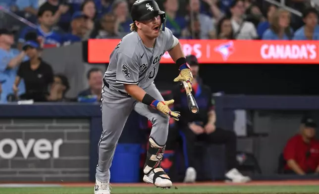 Chicago White Sox' Chase Meidroth (10) runs out a single against the Toronto Blue Jays during the fifth inning of a baseball game in Toronto on Friday, July 17, 2026. (Jon Blacker/The Canadian Press via AP)