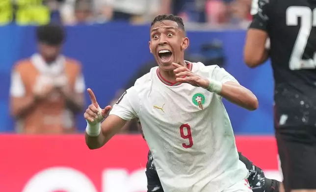 Morocco's Soufiane Rahimi reacts during the World Cup round of 16 soccer match between Canada and Morocco in Houston, Saturday, July 4, 2026. (AP Photo/Eric Gay)