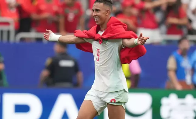 Morocco's Soufiane Rahimi celebrates after the World Cup round of 16 soccer match between Canada and Morocco in Houston, Saturday, July 4, 2026. (AP Photo/Eric Gay)