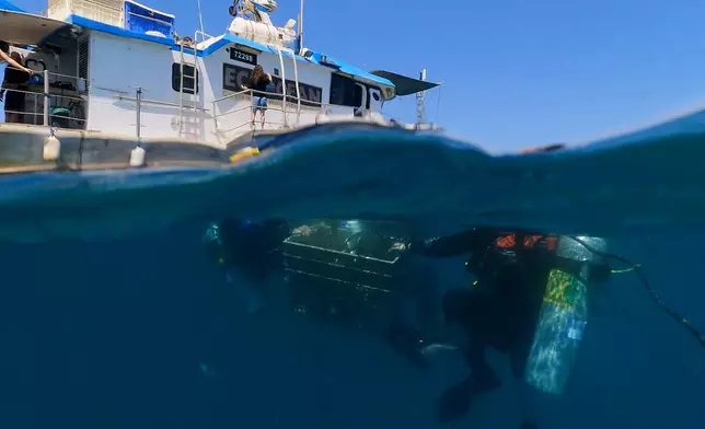 Divers descend to place mock munitions on the floor of the Mediterranean Sea off the coast of Rishon LeZion, Israel, Sunday, June 21, 2026. (AP Photo/Ariel Schalit)