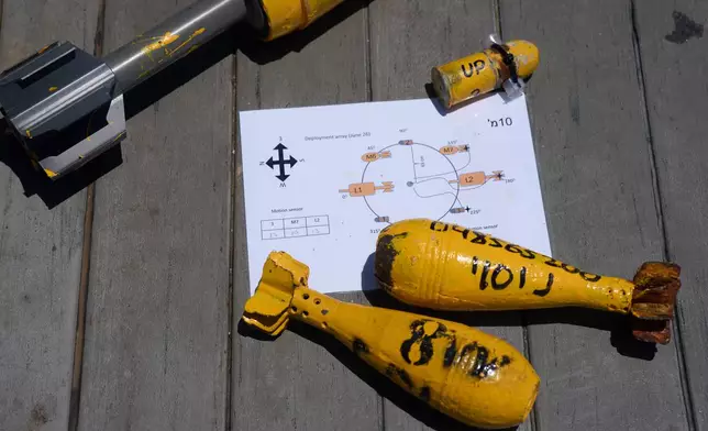 Mock munitions, to be placed by divers on the floor of the Mediterranean Sea, are displayed off the coast of Rishon LeZion, Israel, Sunday, June 21, 2026. (AP Photo/Ariel Schalit)