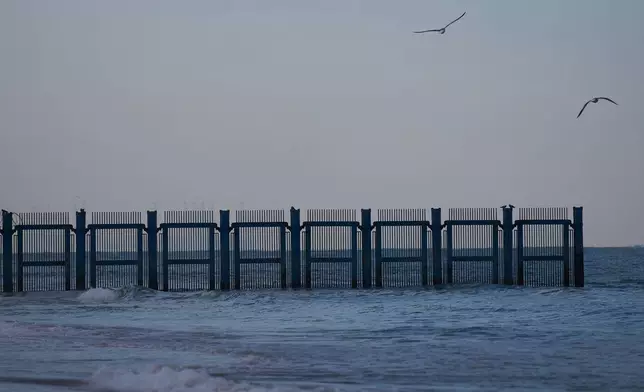 Seagulls fly past a barrier of a military firing range that had been used for decades and is slated to be cleared and opened for public use, in the Mediterranean Sea in Rishon LeZion, Israel, Saturday, Jan. 17, 2026. (AP Photo/Ariel Schalit)