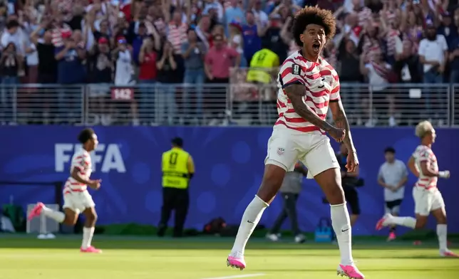 United States' Chris Richards reacts after his team's second goal against Bosnia during the World Cup round of 32 soccer match in Santa Clara, Calif., near San Francisco, Wednesday, July 1, 2026. (AP Photo/Eugene Hoshiko)