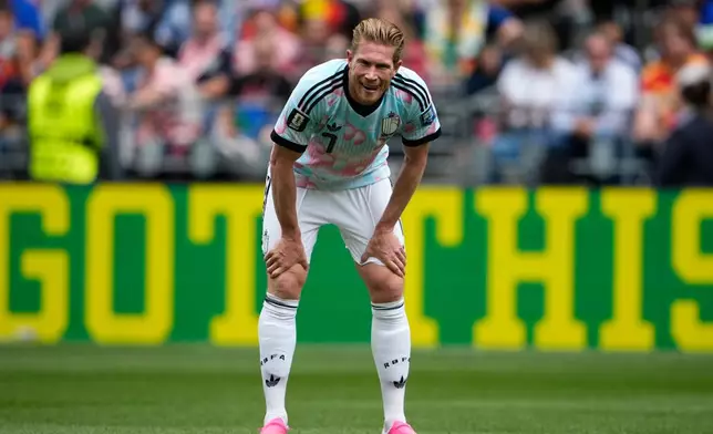 Belgium's Kevin De Bruyne (7) stands on the pitch during the World Cup round of 32 soccer match between Belgium and Senegal in Seattle, Wednesday, July 1, 2026. (AP Photo/Lindsey Wasson)