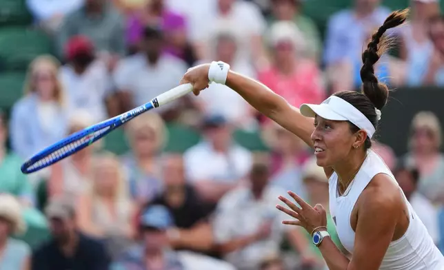 Jessica Pegula of the United States serves the ball during the second round women's singles match against Sara Sorribes Tormo of Spain at the Wimbledon Tennis Championships in London, Wednesday, July 1, 2026.(AP Photo/Kirsty Wigglesworth)
