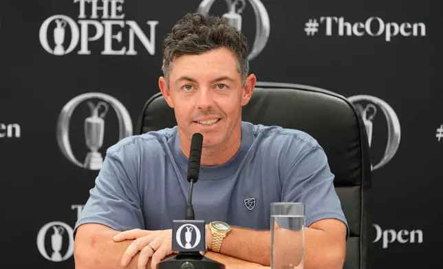 Rory McIlroy of Northern Ireland speaks at a press conference ahead of the British Open Golf championships at Royal Birkdale golf club, in Southport, England, Tuesday, July 14, 2026. (AP Photo/David Goldman)