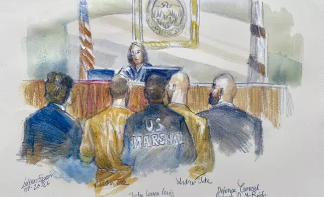 In this courtroom sketch Andrew and Tristan Tate appear with their attorneys before judge Lauren Louis in Miami federal court, Monday, July 20, 2026, in Miami. (Lothar Speer via AP)