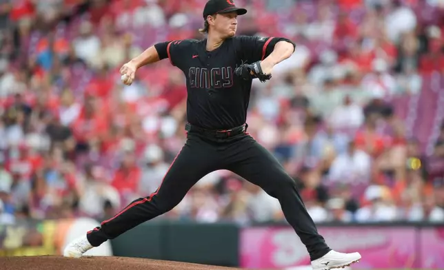 Cincinnati Reds pitcher Brady Singer throws during the first inning of a baseball game against the Baltimore Orioles in Cincinnati, Friday, July 3, 2026. (AP Photo/Tanner Pearson)