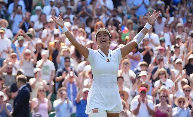 Alexandra Eala of the Philippines celebrates winning the third round women's singles match against Iga Swiatek of Poland at the Wimbledon Tennis Championships in London, Saturday, July 4, 2026.(AP Photo/Maja Smiejkowska)