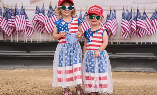 Mackenzie Looper, 4 and her sister Mikayla Looper, 3, of Rapid City, S.D., pose for a portrait while attending the Great American State Fair on the National Mall, Tuesday, July 7, 2026, in Washington. (AP Photo/Jacquelyn Martin)