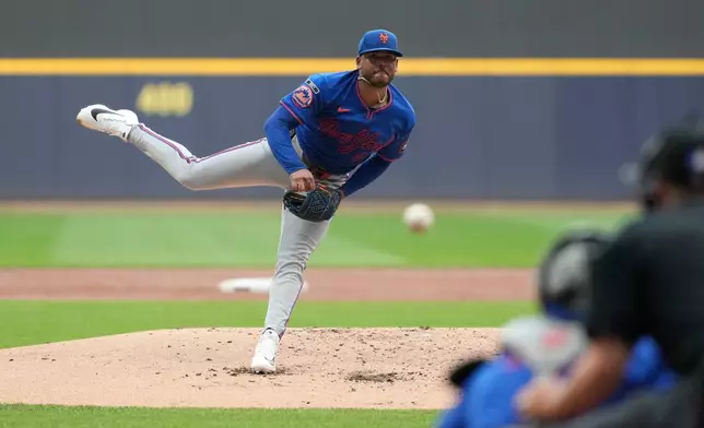 New York Mets' Freddy Peralta pitches during the second inning of a baseball game against the Milwaukee Brewers, Monday, July 20, 2026, in Milwaukee. (AP Photo/Aaron Gash)