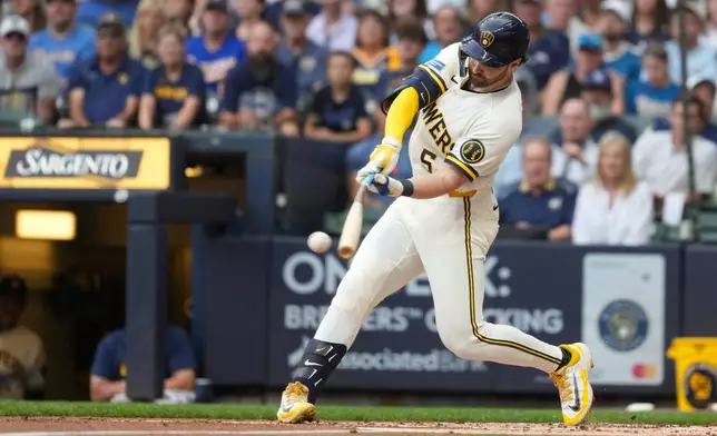 Milwaukee Brewers' Garrett Mitchell hits an RBI single during the first inning of a baseball game against the New York Mets, Monday, July 20, 2026, in Milwaukee. (AP Photo/Aaron Gash)