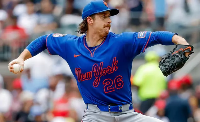 New York Mets pitcher Nolan McLean delivers to an Atlanta Braves batter during the first inning of a baseball game, Sunday, July 5, 2026, in Atlanta. (AP Photo/Erik S. Lesser)