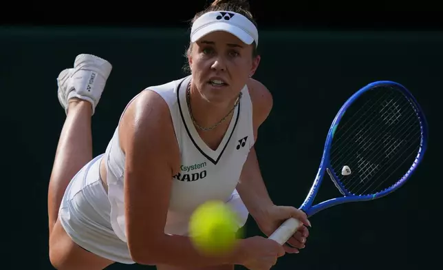 Linda Noskova of the Czech Republic serves against Marta Kostyuk of Ukraine in their semifinal women's singles match at the Wimbledon Tennis Championships in London, Thursday, July 9, 2026. (AP Photo/Kin Cheung)