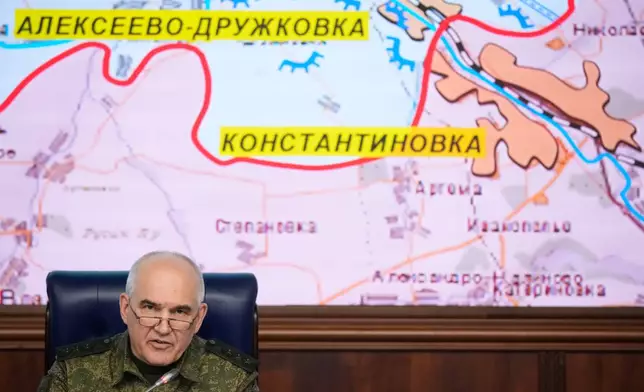 The First Deputy Chief of the General Staff of Russian Armed Forces Lt. Gen. Sergei Rudskoy holds a news briefing in Moscow, Saturday, July 4, 2026. (AP Photo/Pavel Bednyakov)