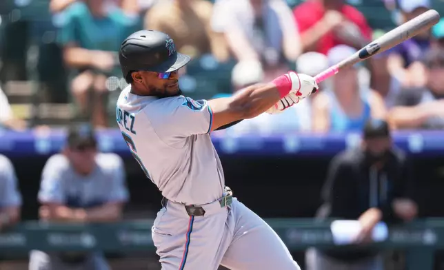 Miami Marlins' Otto Lopez doubles off Colorado Rockies starting pitcher Michael Lorenzen in the first inning of a baseball game Thursday, July 2, 2026, in Denver. (AP Photo/David Zalubowski)