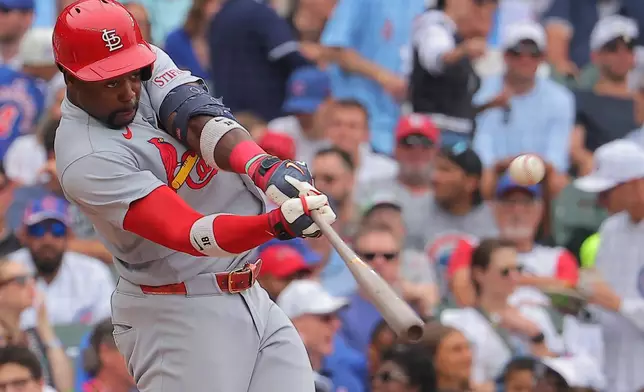 St. Louis Cardinals' Jordan Walker flies out to Chicago Cubs' Pete Crow-Armstrong during the fourth inning of a baseball game, Sunday, July 5, 2026, in Chicago. (AP Photo/Melissa Tamez)