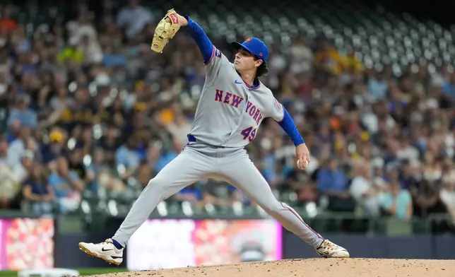 New York Mets' Zac Thornton pitches during the first inning of a baseball game against the Milwaukee Brewers, Tuesday, July 21, 2026, in Milwaukee. (AP Photo/Aaron Gash)