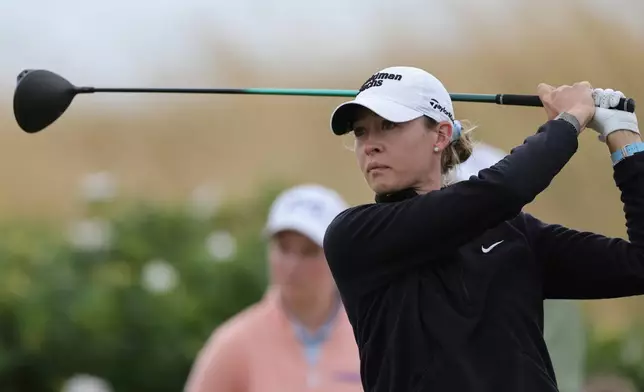 Nelly Korda of United States tees off during day two of the 2026 ISPS HANDA Women's Scottish Open at Dundonald Links at Ayrshire, Scotland, on Friday, July 24, 2026. (Steve Welsh/PA via AP)