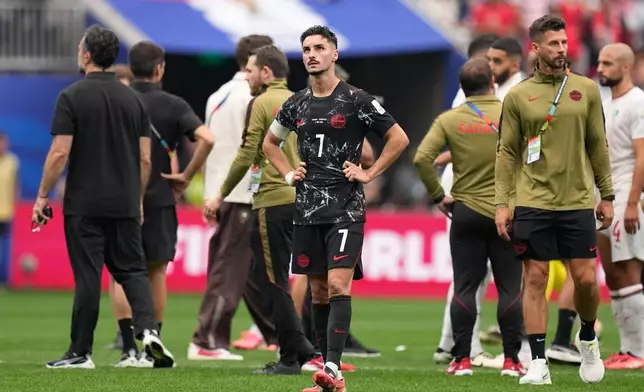 Canada's Stephen Eustaquio (7) reacts after the World Cup round of 16 soccer match between Canada and Morocco in Houston, Saturday, July 4, 2026. (AP Photo/Ashley Landis)