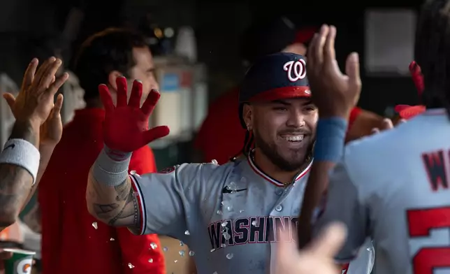 Washington Nationals' Andrés Chaparro celebrates after hitting a two-run home run during the fifth inning of a baseball game against the Athletics Friday, July 17, 2026, in West Sacramento, Calif. (AP Photo/Sara Nevis)