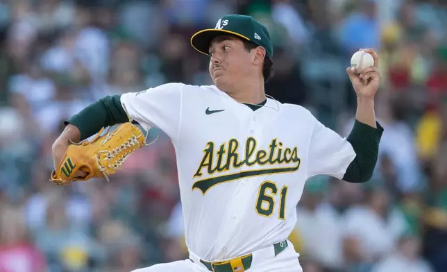 Athletics pitcher Gage Jump throws to the Washington Nationals during the first inning of a baseball game Friday, July 17, 2026, in West Sacramento, Calif. (AP Photo/Sara Nevis)