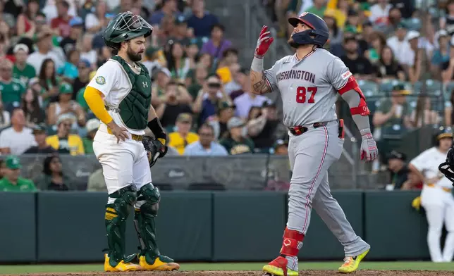Washington Nationals' Andrés Chaparro runs the bases after hitting a two-run home run during the fifth inning of a baseball game against the Athletics Friday, July 17, 2026, in West Sacramento, Calif. (AP Photo/Sara Nevis)